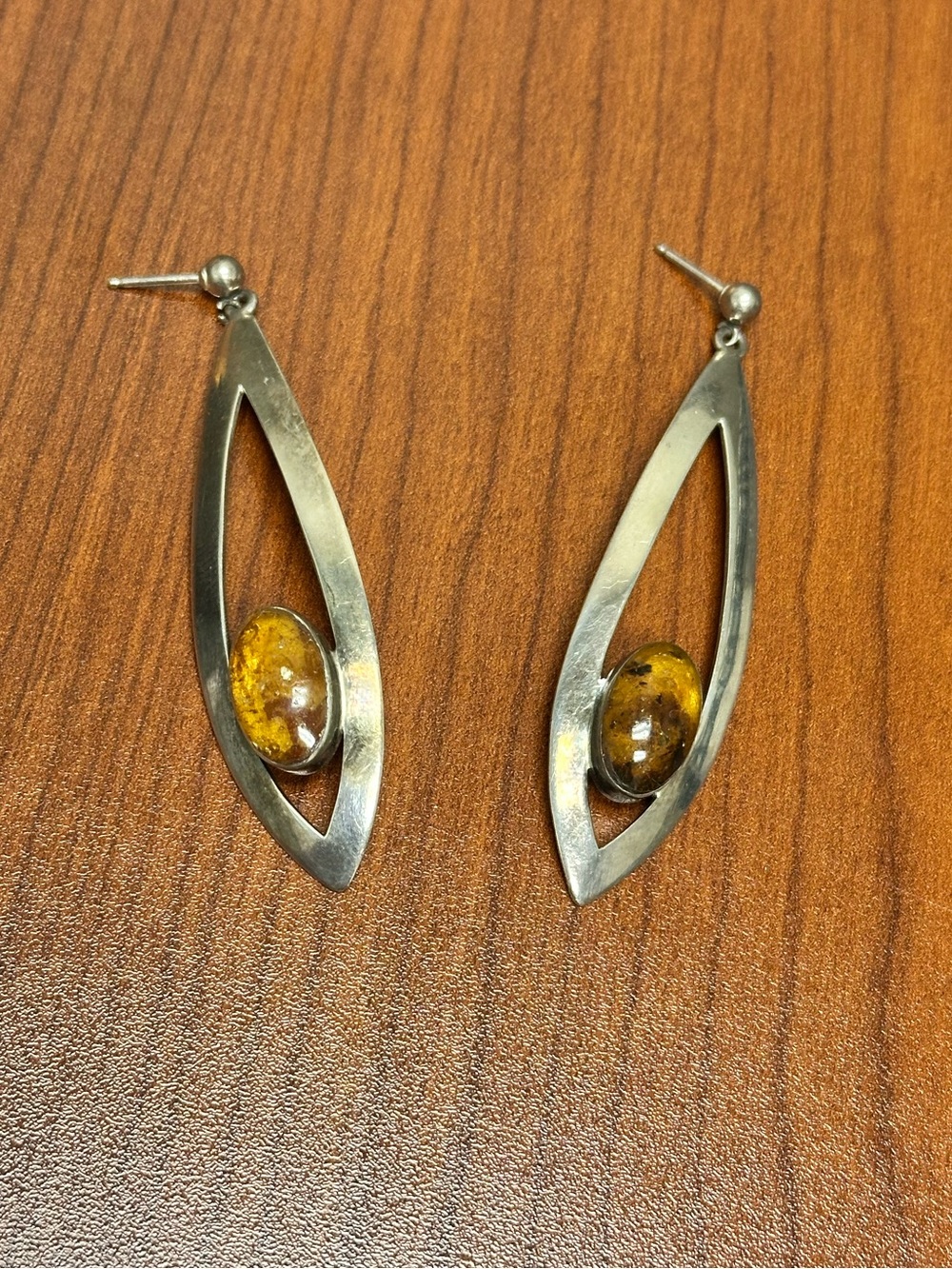 Sterling Teardrop Earrings with Amber Stone